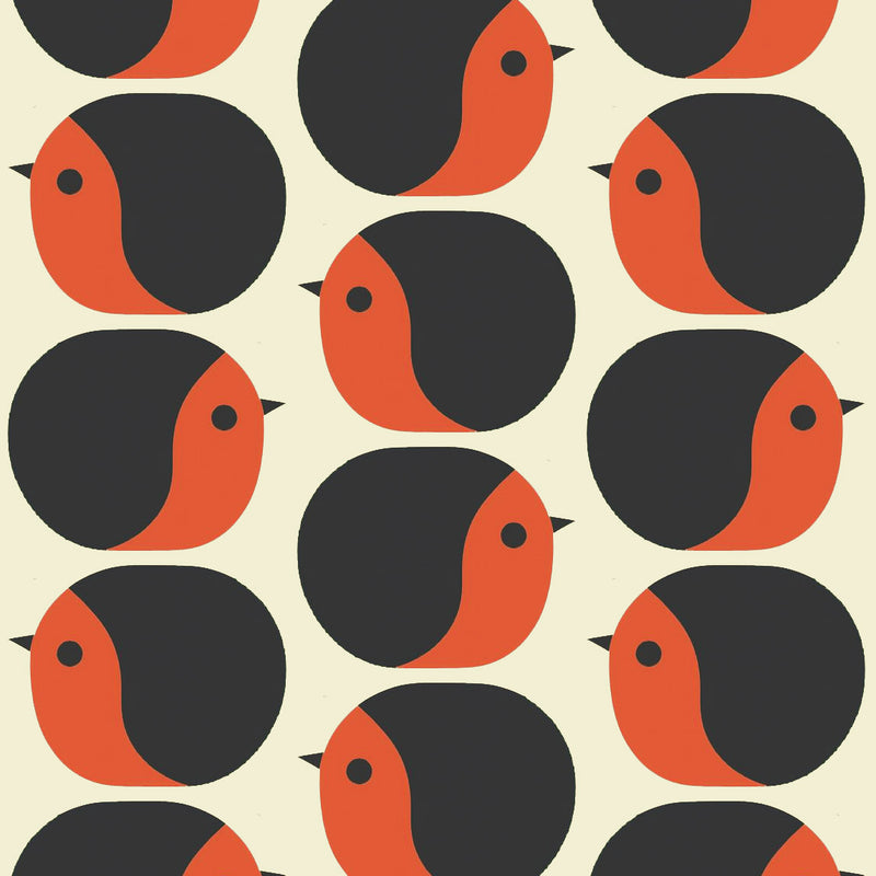 Mid Century Style Red Robin Cotton Linen Print