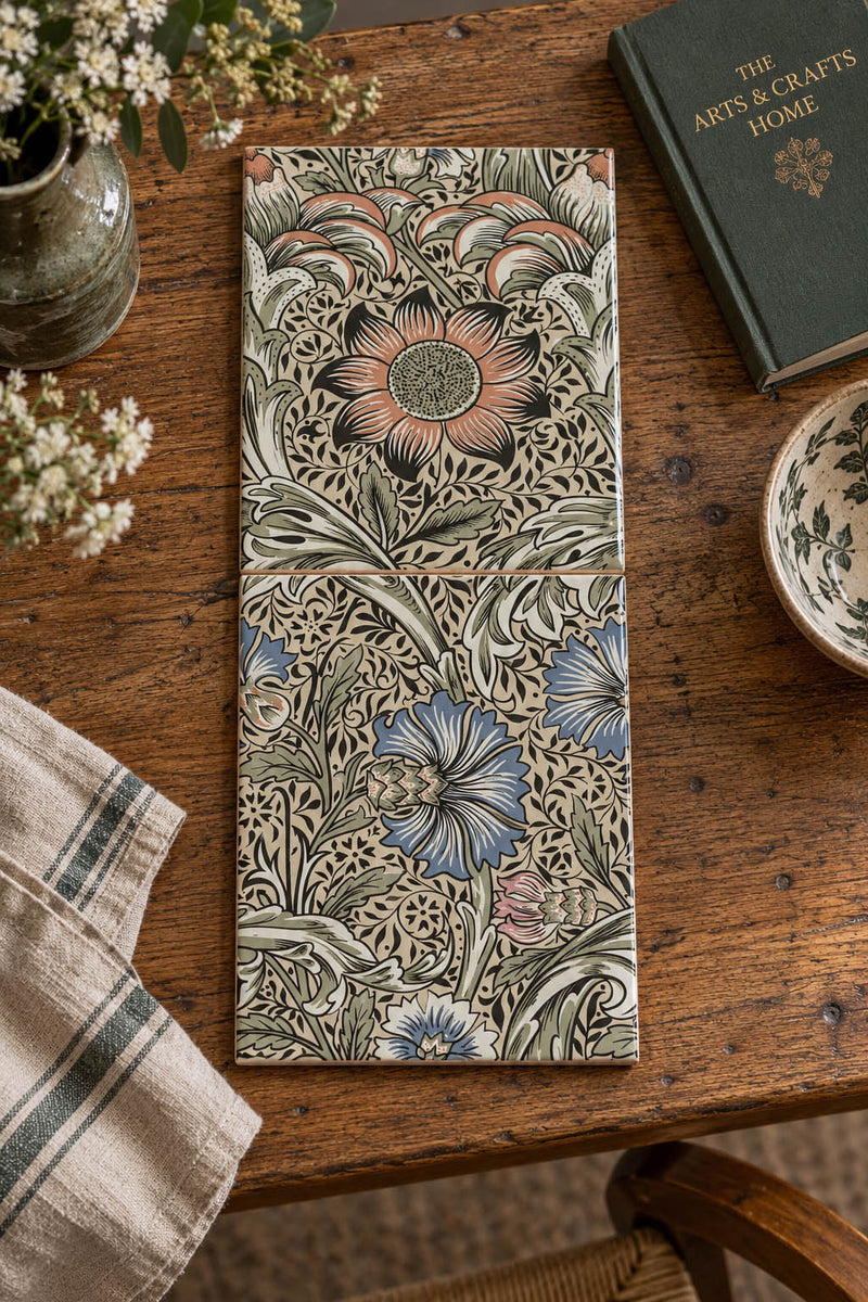 William Morris Tiles Corncockle 20cm x 25cm Hand-made Ceramic Tile, 2 piece set