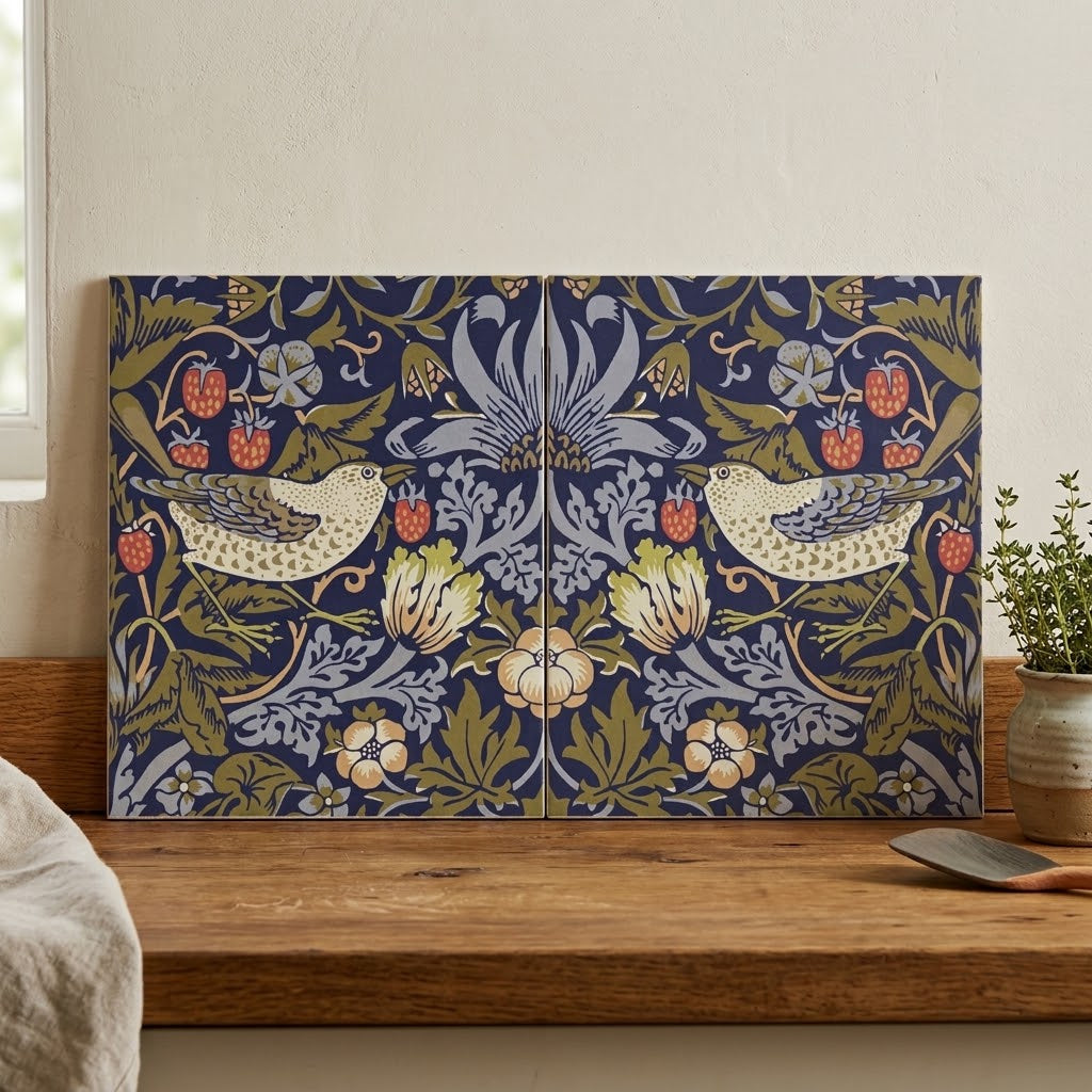 William Morris Strawberry Thief 25cm x 20cm Hand-made Ceramic Wall Tile, 2 piece set