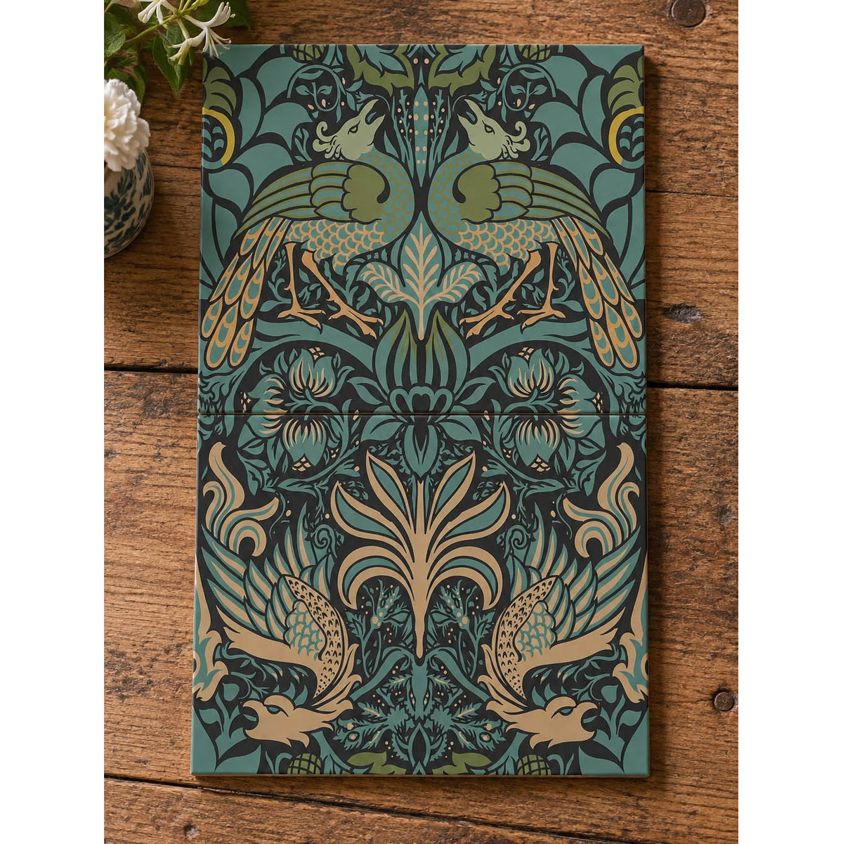 William Morris Peacocks and Dragons 25cm x 20cm Hand-made Ceramic Wall Tile, 2 piece set