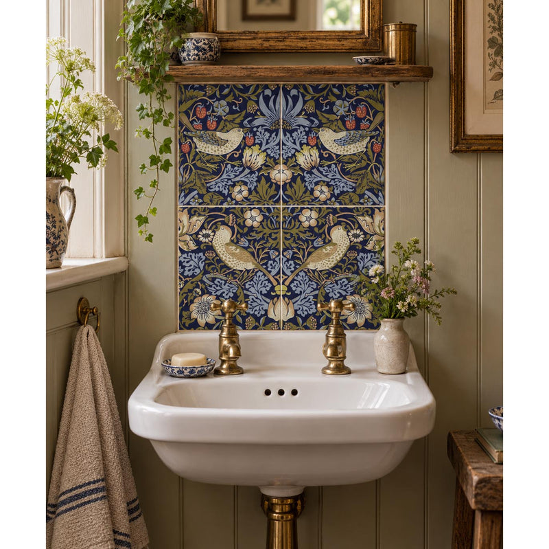 William Morris Strawberry Thief 25cm x 20cm Hand-made Ceramic Wall Tile, 4 piece set