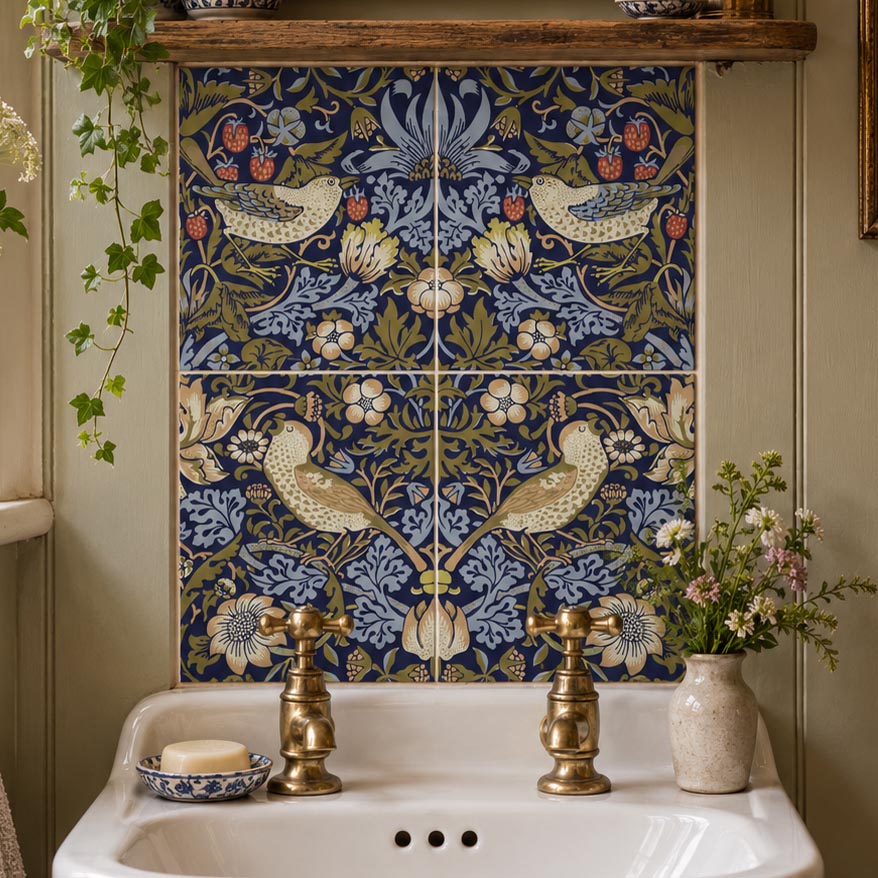 William Morris Strawberry Thief 25cm x 20cm Hand-made Ceramic Wall Tile, 4 piece set