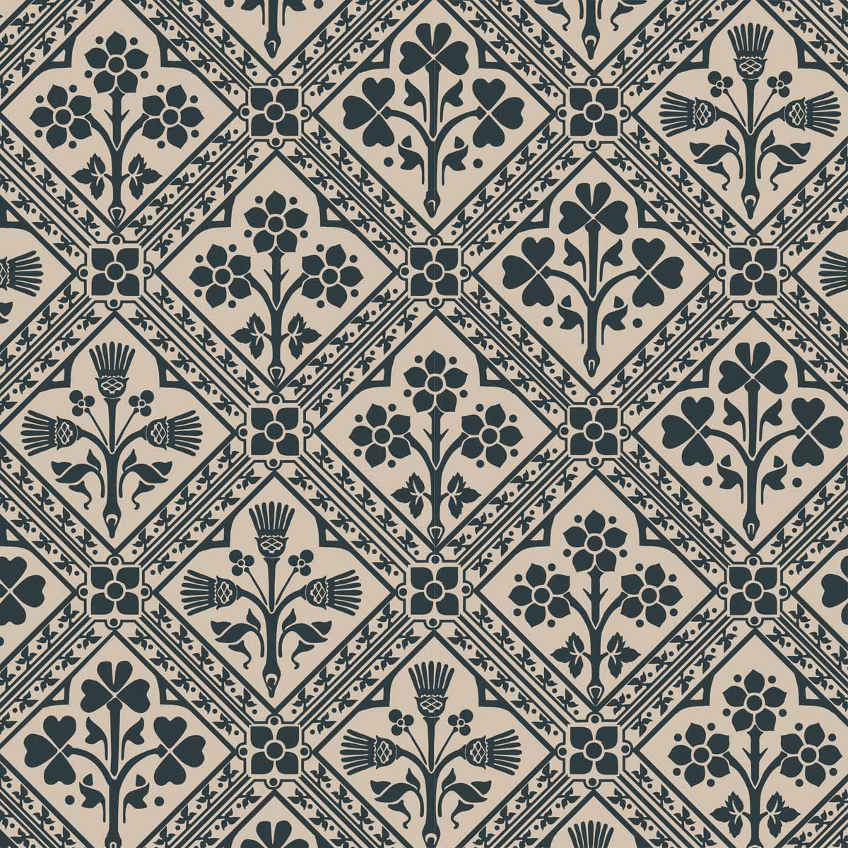 green and fawn cotton print  fabric - Augustus Pugin Rose Thistle and Shamrock