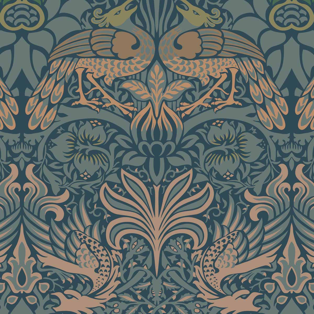 arts and crafts  blue green and brown cotton print fabric - William Morris Designs Peacocks and Dragons Blue Print