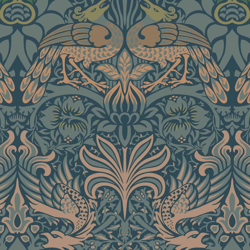 arts and crafts  blue green and brown cotton print fabric - William Morris Designs Peacocks and Dragons Blue Print