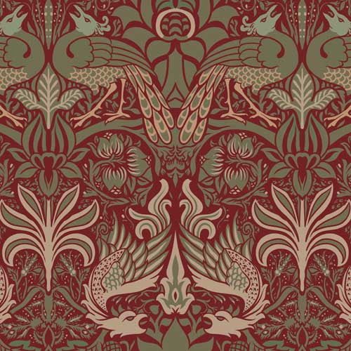arts and crafts  brown and green cotton print fabric - William Morris Designs Peacocks and Dragons Sorrel and Ivy Print