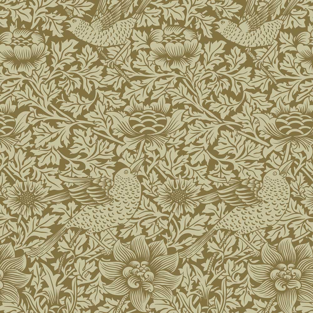 arts and crafts  olive wool curtain and upholstery fabric - William Morris Designs Bird and Anemone Olive Print