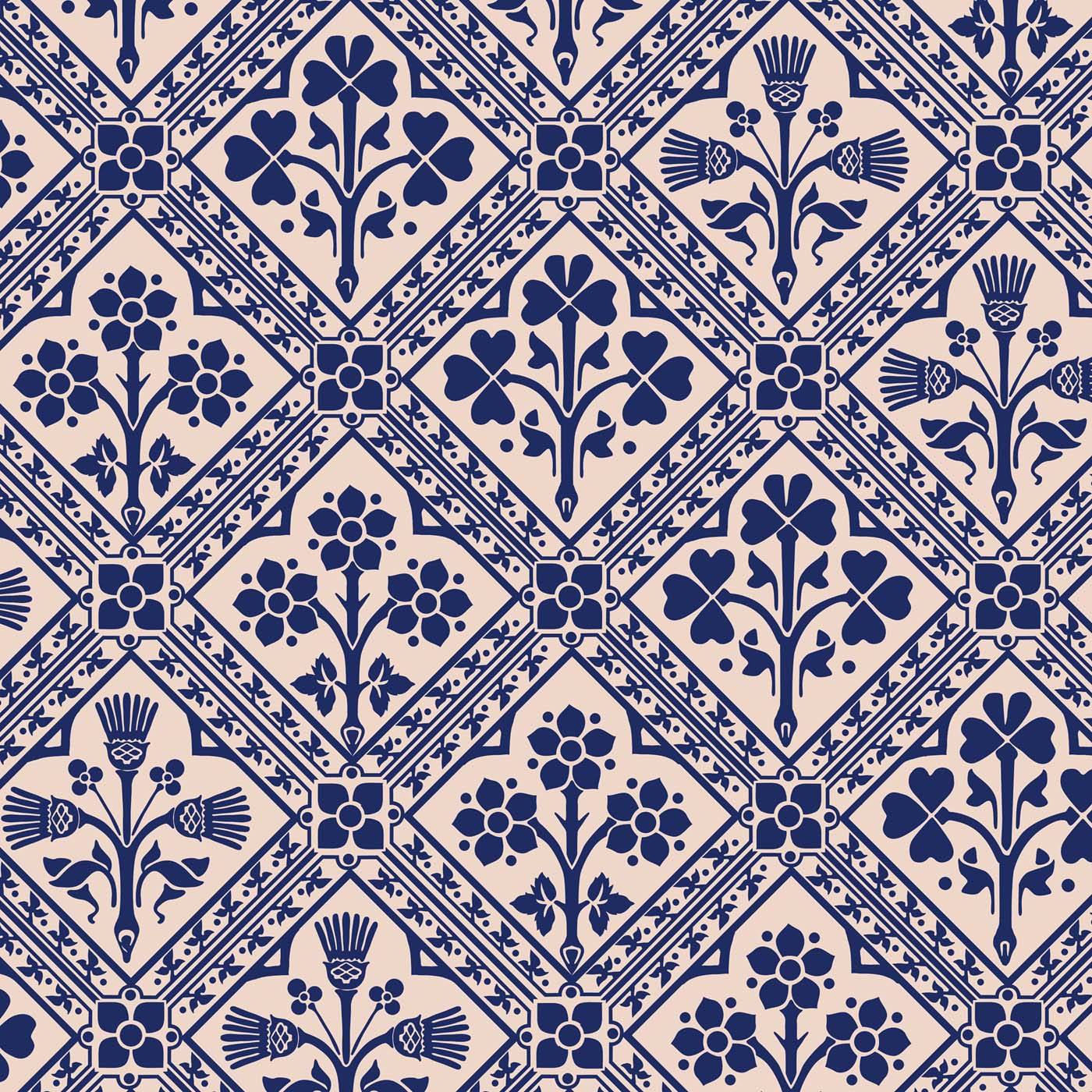 Fabric | Augustus Pugin Rose, Thistle and Shamrock Blue Cotton Linen ...