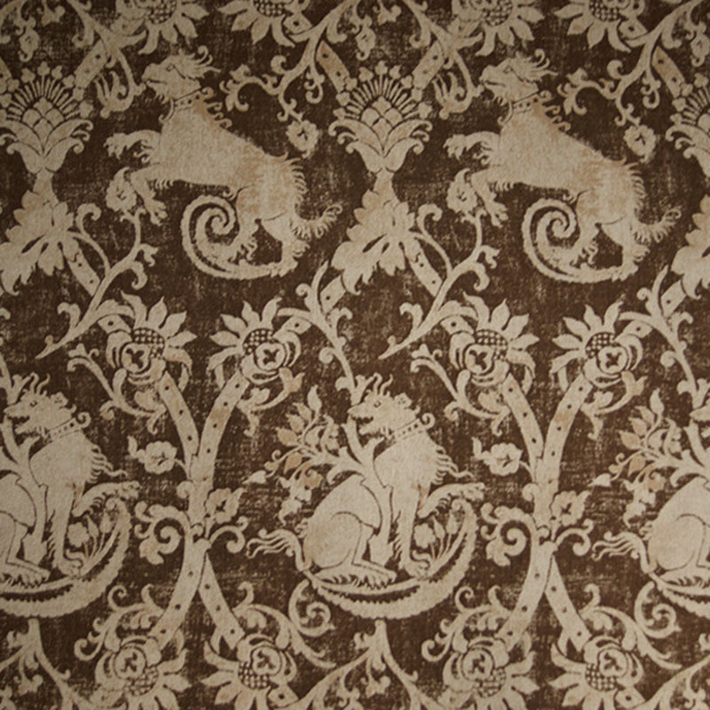 celtic medieval  brown cotton print curtain and upholstery fabric - Guinevere Medieval Heraldic Beasts Brown Cotton Linen Print