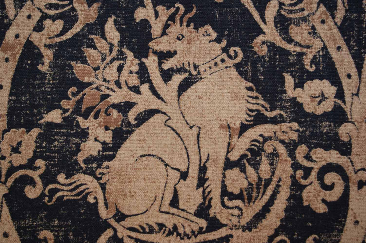 Guinevere Medieval Heraldic Beasts Blue Cotton Linen Print