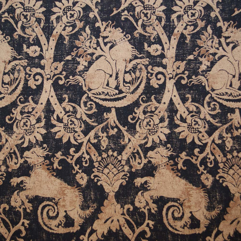 celtic medieval  blue cotton print curtain and upholstery fabric - Guinevere Medieval Heraldic Beasts Blue Cotton Linen Print