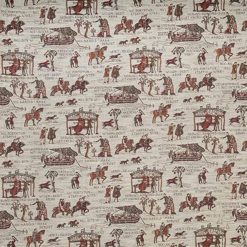 celtic medieval  beige cotton print curtain and upholstery fabric - Guinevere Medieval Bayeux Tapestry Scene