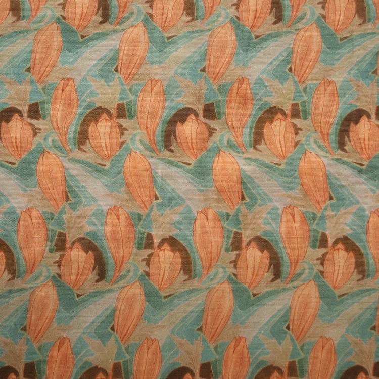 art deco art nouveau  green and brown linen upholstery fabric - Archibald Knox Blaaghyn Lunjeaney (Swaying Flowers) Linen