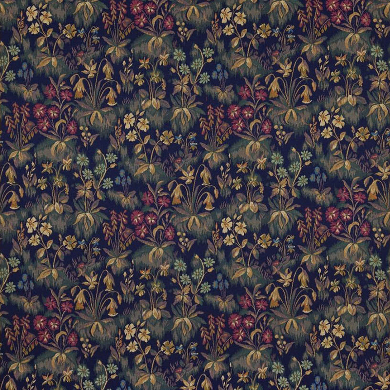 celtic medieval  blue brown and green wool curtain and upholstery fabric - Guinevere Medieval Medieval Flowers