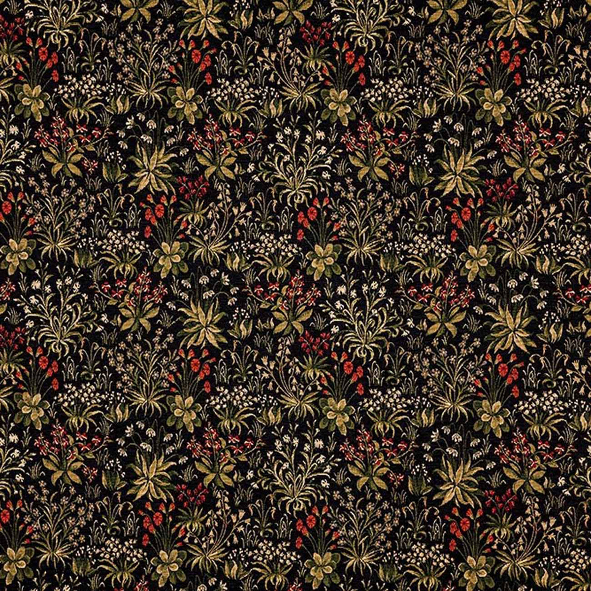 celtic medieval  blue brown and green cotton print curtain and upholstery fabric - Guinevere Medieval Tudor Mille Fleur