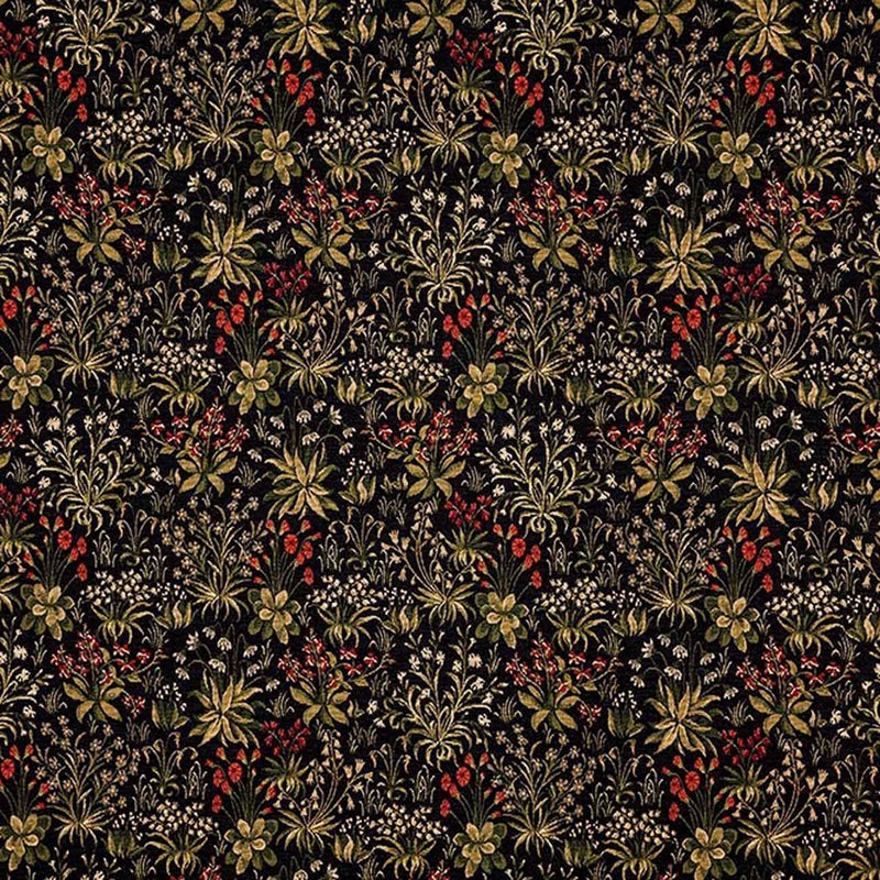 celtic medieval  blue brown and green cotton print curtain and upholstery fabric - Guinevere Medieval Tudor Mille Fleur