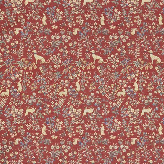 celtic medieval  red cotton print curtain and upholstery fabric - Guinevere Medieval Fete Day Flowers