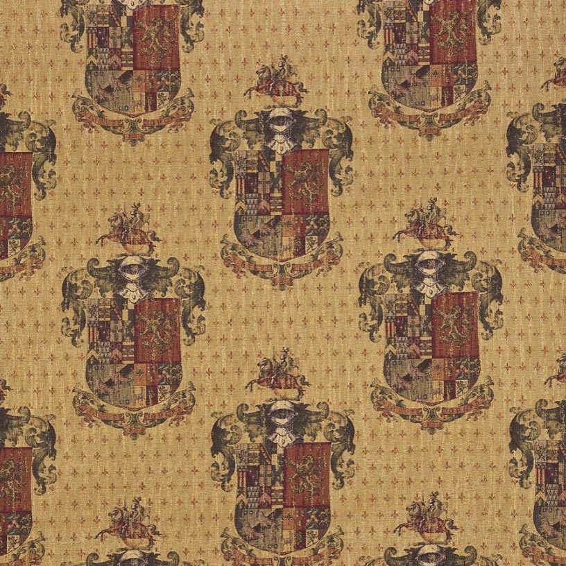 celtic medieval  gold chenille curtain and upholstery fabric - Medieval Knights Coats of Arms Heavy Chenille Large Scale
