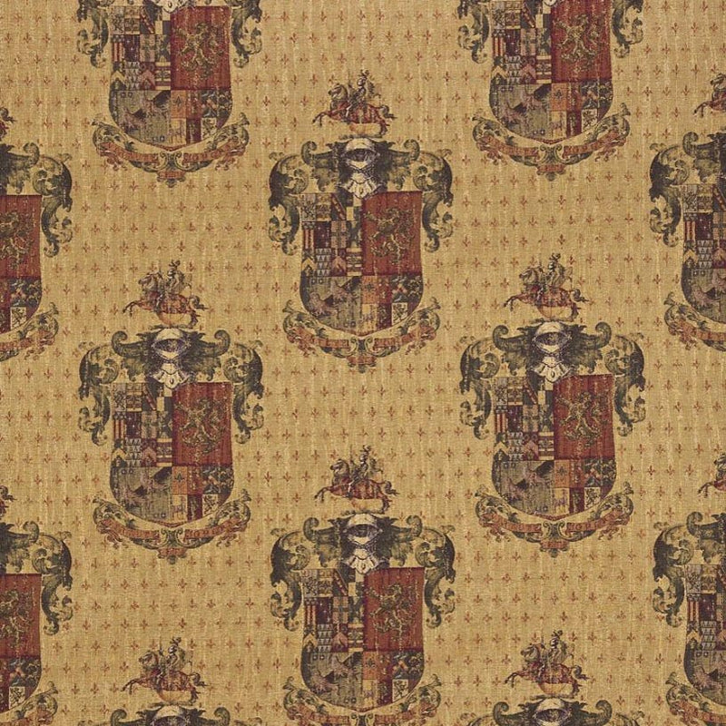 celtic medieval  gold chenille curtain and upholstery fabric - Medieval Knights Coats of Arms Heavy Chenille Large Scale