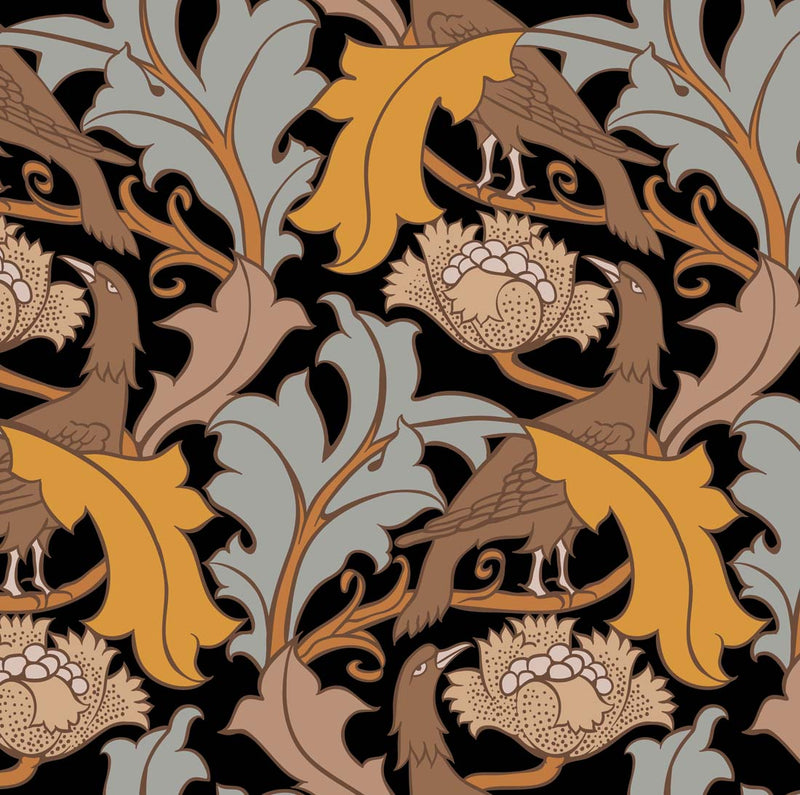arts and crafts  gold brown and black cotton print curtain and upholstery fabric - Charles Voysey Eagle and Leaf on Black