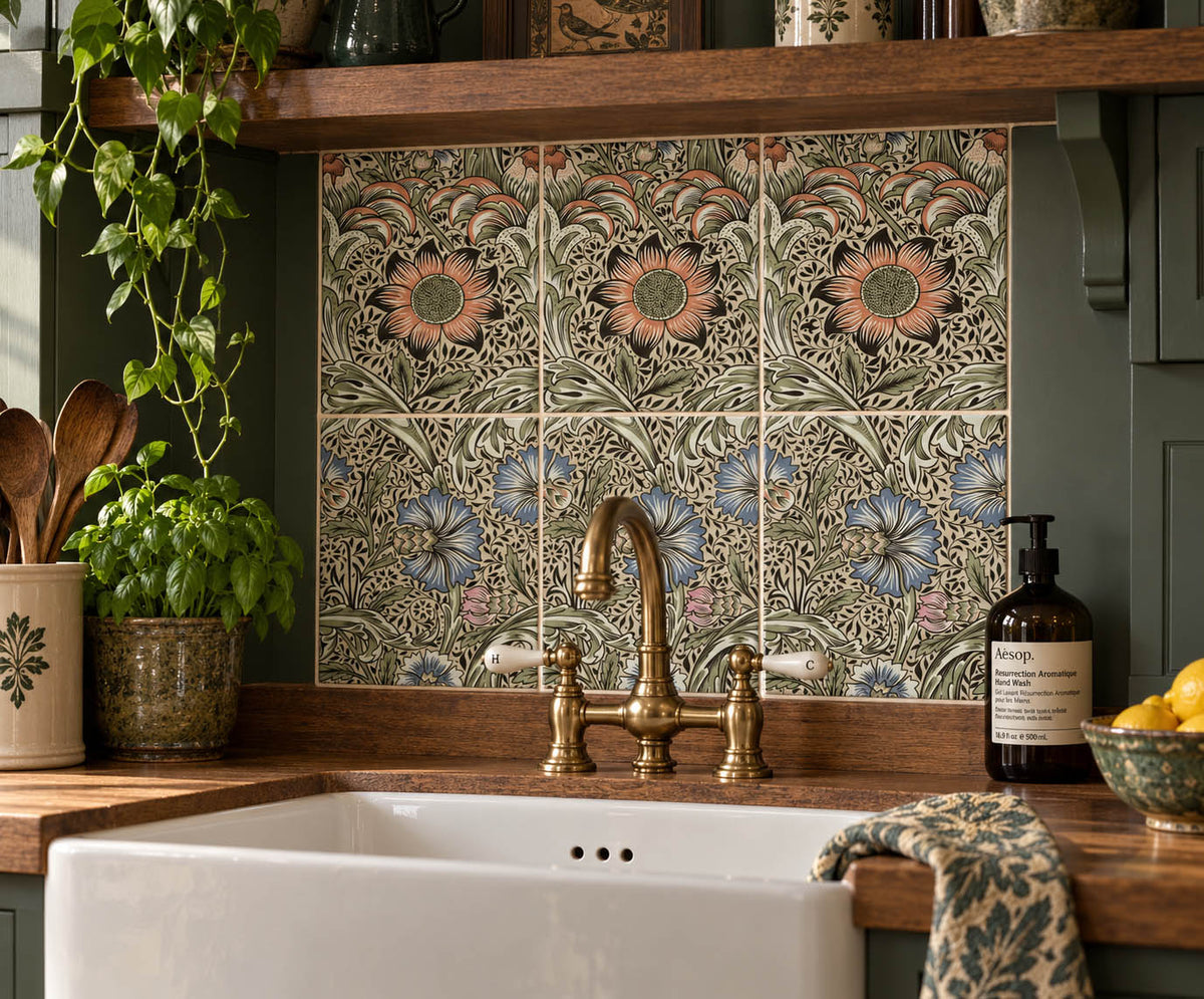 William Morris Tiles Corncockle Splashback - Set of Six 20cm x 25cm Hand-made Ceramic Tile