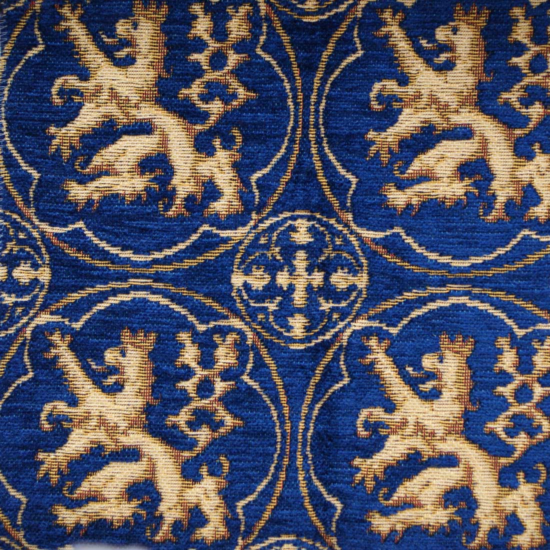 Medieval Lions Rampant Woven Upholstery Curtain Fabric Heirloom tapestries tapestry fabric wall hangings custom tapestries. lions rampant chenille bleu